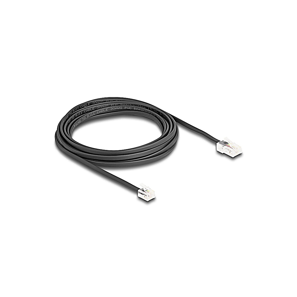 Un cavo telefonico nero con due connettori RJ11 trasparenti, arrotolato ad anello. Lo sfondo è bianco.