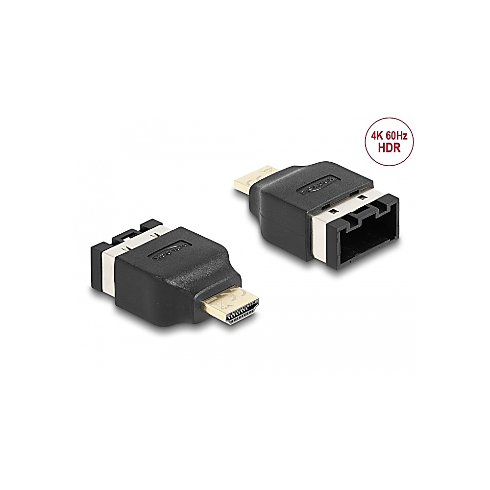 Dos adaptadores HDMI negros con conectores dorados. Uno tiene un extremo macho, el otro hembra. Texto "4K 60Hz HDR".