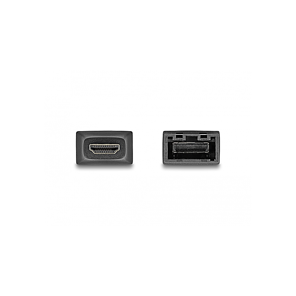 Dos conectores HDMI negros sobre fondo blanco. Uno es un puerto, el otro un enchufe, que muestra los pines.