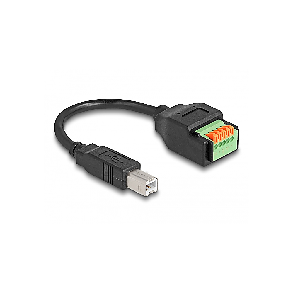 Czarny kabel USB z złączem na każdym końcu. Jeden koniec ma złącze USB typu B, drugi zielony blok zacisków.