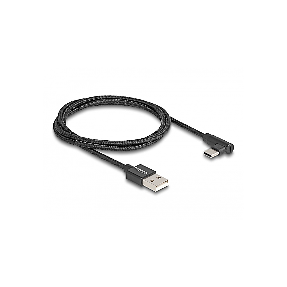 Ein schwarzes USB-Ladekabel mit geflochtenem Design, zu einer Schlaufe gewickelt. Es hat einen USB-A- und einen USB-C-Anschluss. Der Hintergrund ist weiß.