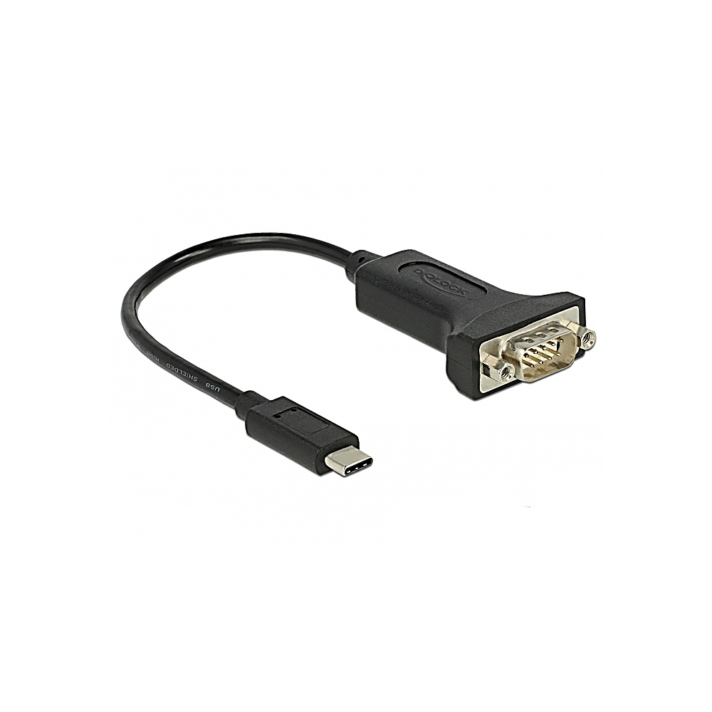Un câble adaptateur USB-C vers VGA noir. Le câble est courbé, avec un connecteur USB-C à une extrémité et un connecteur VGA à l'autre.