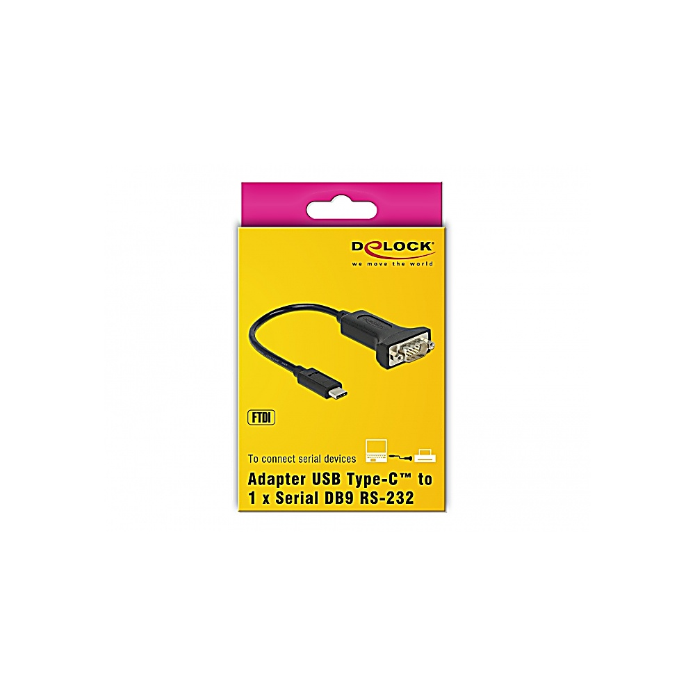 Un adaptateur USB Type-C vers série DB9 RS-232 sur une boîte jaune avec un en-tête rose. L'adaptateur est noir avec des connecteurs argentés.