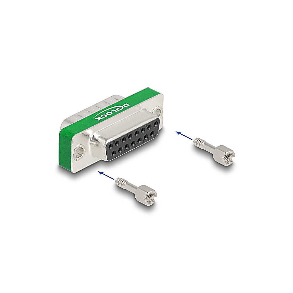 Un connettore D-sub con rifinitura verde e viti, isolato su sfondo bianco. Le frecce indicano le viti.