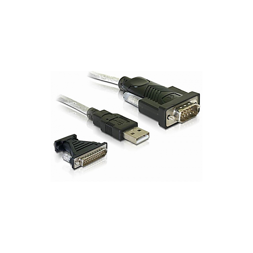 Tre cavi per computer: USB, VGA e un connettore più piccolo. Tutti neri con connettori argentati, su una superficie bianca.