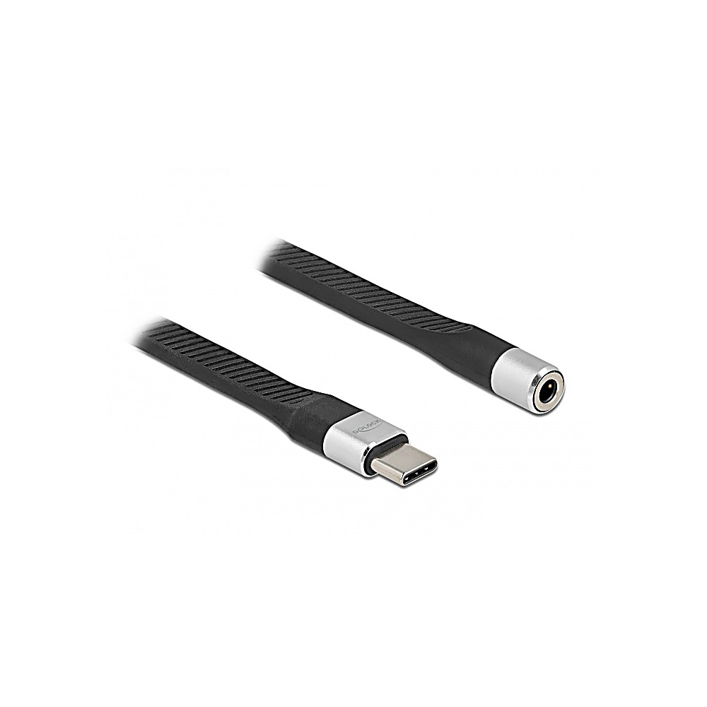 Dos cables USB-C negros con conectores plateados. Un cable tiene un puerto USB-C, el otro tiene un puerto redondo, ambos están en ángulo.