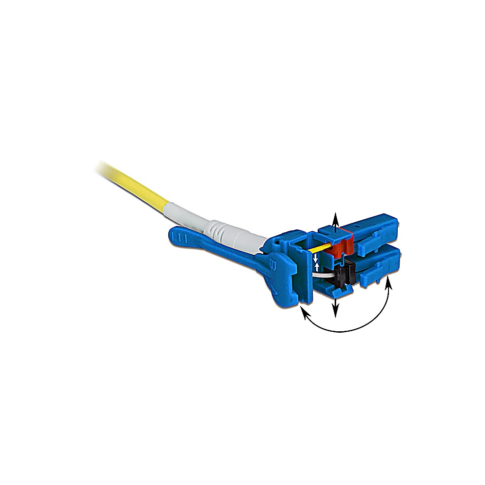 Un conector azul y blanco con un cable amarillo. El conector tiene componentes internos rojos y negros.