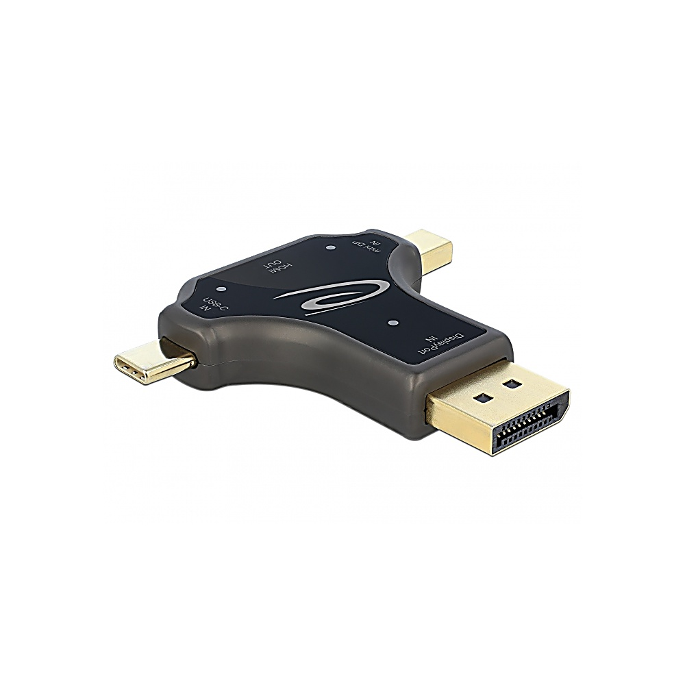 Un adaptador negro y gris con conectores USB-C, HDMI y DisplayPort. Tiene etiquetas para los puertos 'IN' y 'OUT' y un logotipo.