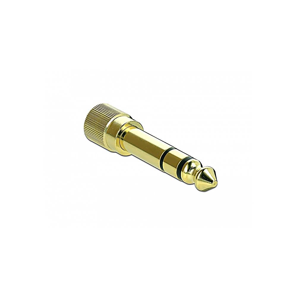 Un adattatore audio color oro. Ha un corpo cilindrico con un'impugnatura strutturata a un'estremità e una punta all'altra.