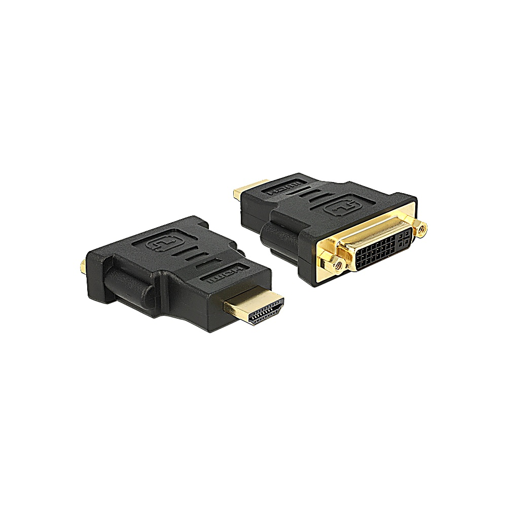 Due adattatori neri da HDMI a DVI su sfondo bianco. Uno mostra la porta HDMI, l'altro la porta DVI. Entrambi hanno connettori color oro.
