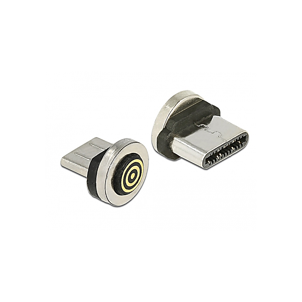 Due connettori magnetici USB-C argentati su sfondo bianco. Uno ha un design circolare oro e nero. L'altro è un connettore USB-C.