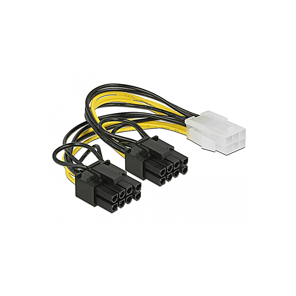Un cavo adattatore per un alimentatore per computer. Ha fili neri e gialli, con connettori neri e un connettore bianco.