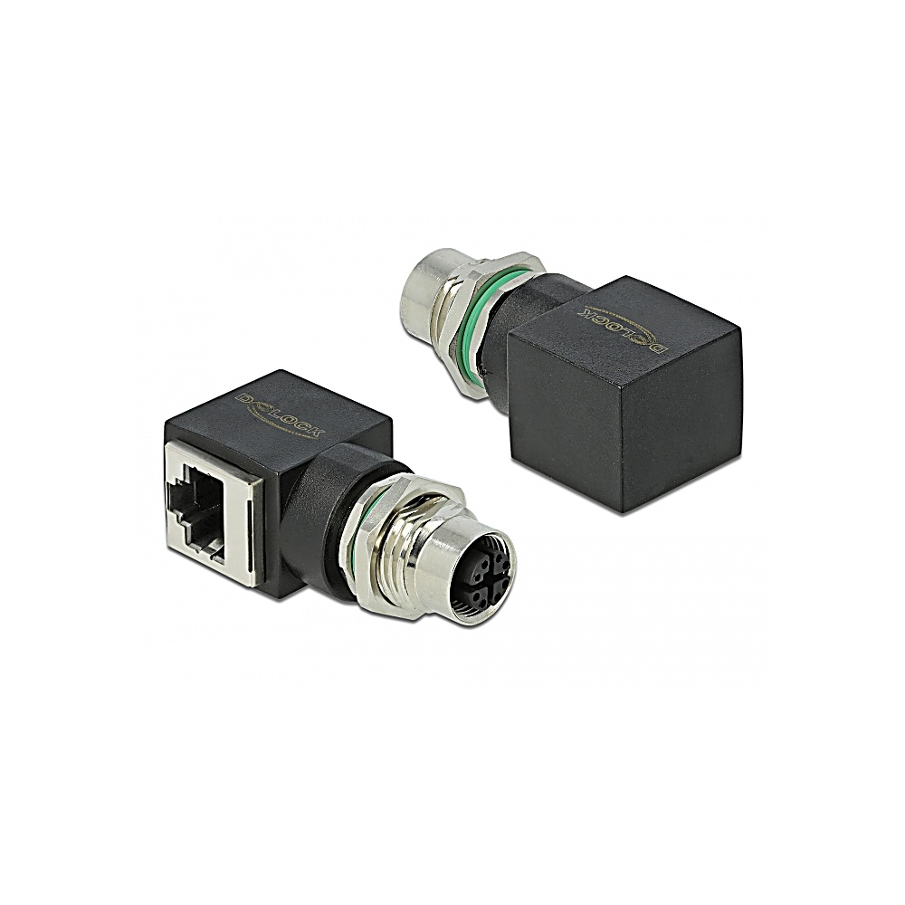 Due connettori neri e argentati su bianco. Uno ha una porta Ethernet, l'altro dei pin. Entrambi hanno il nome "DELOCK".