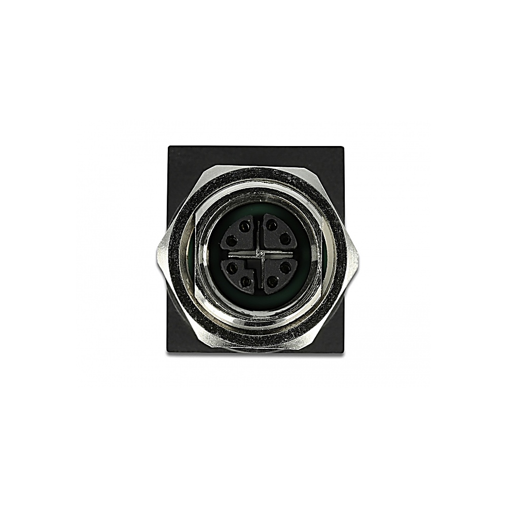 Un primo piano di un connettore elettrico circolare. Ha un anello esterno metallico e una parte interna nera con prese a spillo.