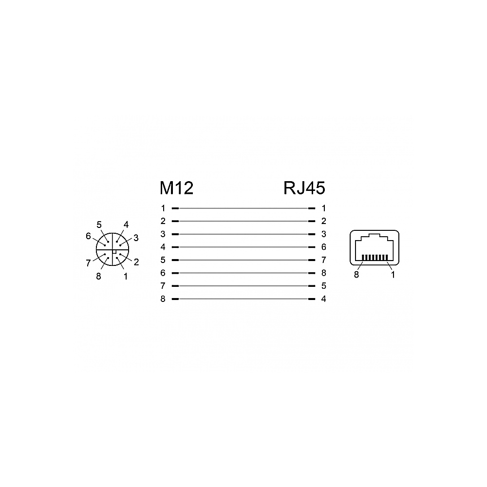Schema che mostra i connettori M12 e RJ45. Linee collegano i pin numerati di entrambi i connettori. RJ45 ha un'illustrazione della porta.