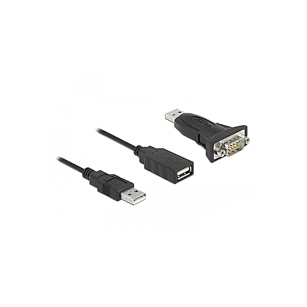 Tre cavi e adattatori USB neri su sfondo bianco. Un USB-A a USB-B, un adattatore USB-A e un adattatore da USB a seriale.