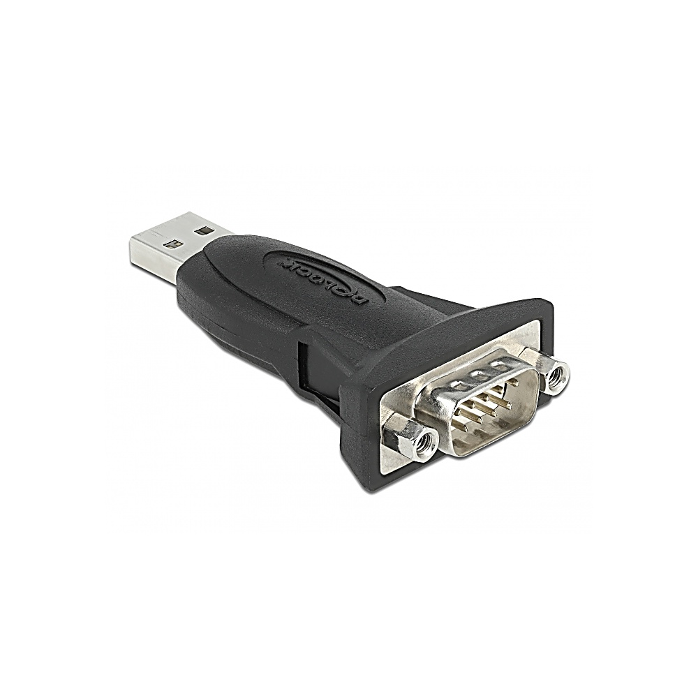 Un adattatore USB a seriale nero su sfondo bianco. Connettore argentato alla fine. Il marchio è visibile.