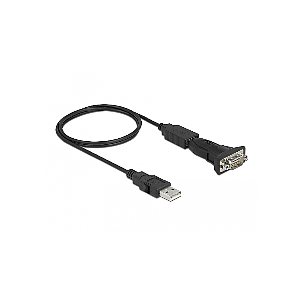 Un cavo adattatore da USB a seriale nero giace su una superficie bianca. Il cavo è collegato a una spina USB e a un connettore seriale.