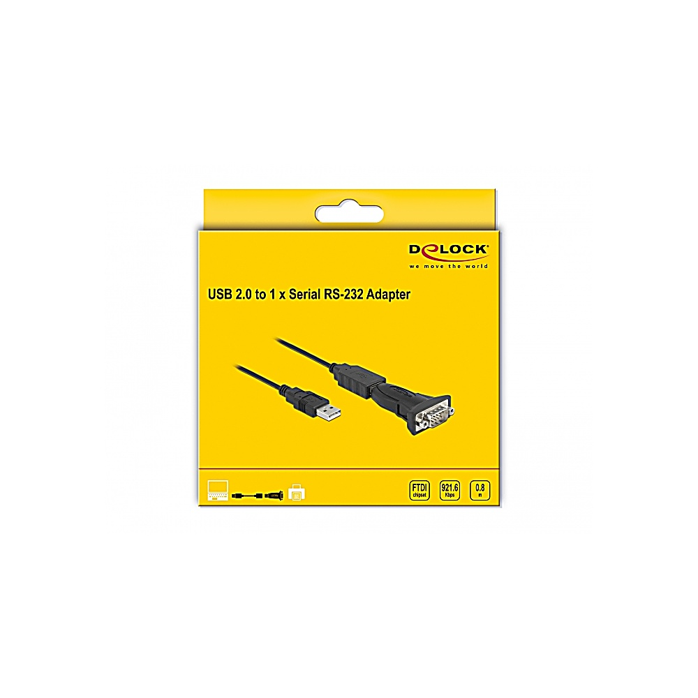 È mostrata una scatola gialla con un adattatore da USB 2.0 a seriale. L'adattatore è nero, con un connettore USB e seriale.