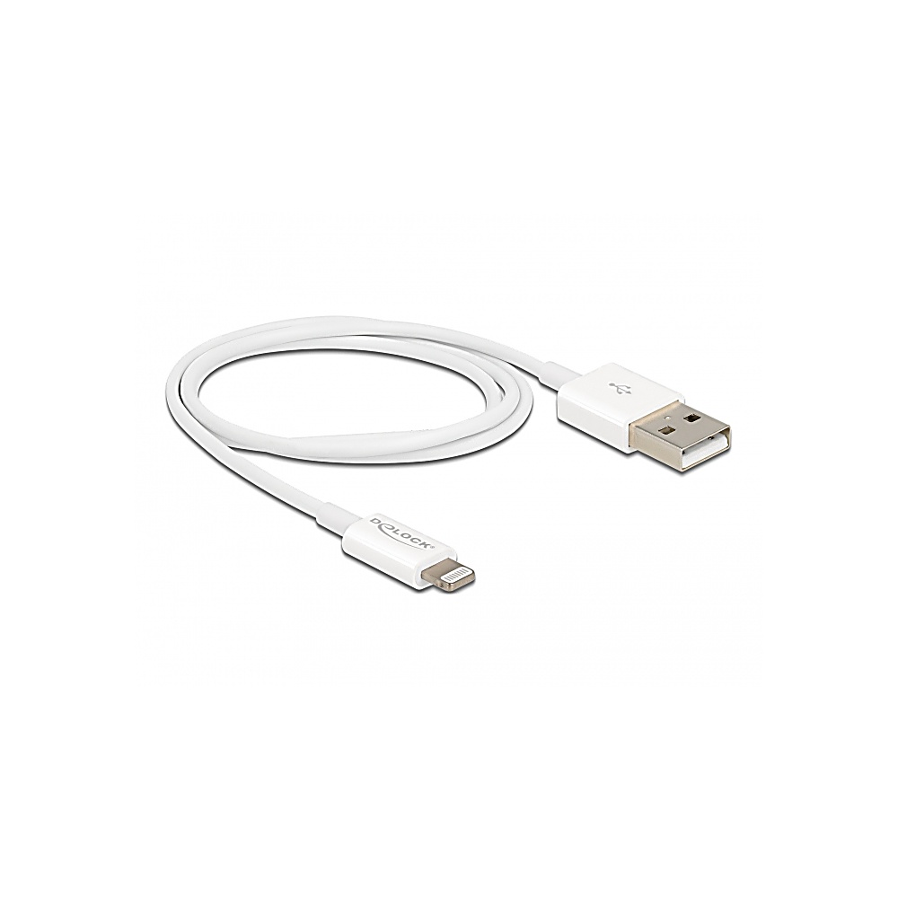 Biały kabel USB z wtyczką lightning na białej powierzchni. Kabel jest zwinięty, z widocznymi wtyczkami.