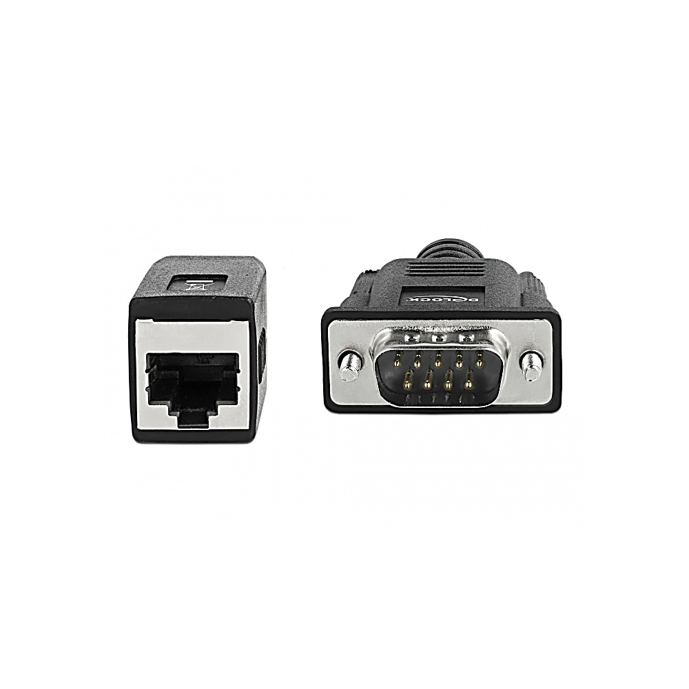 Due connettori di rete neri su sfondo bianco. Uno è un RJ45, l'altro è un connettore DB9, uno accanto all'altro.