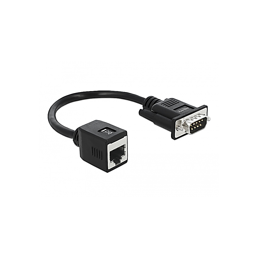 Un cavo di rete nero con un connettore RJ45 a un'estremità e un connettore DB9 all'altra. Il cavo è su sfondo bianco.