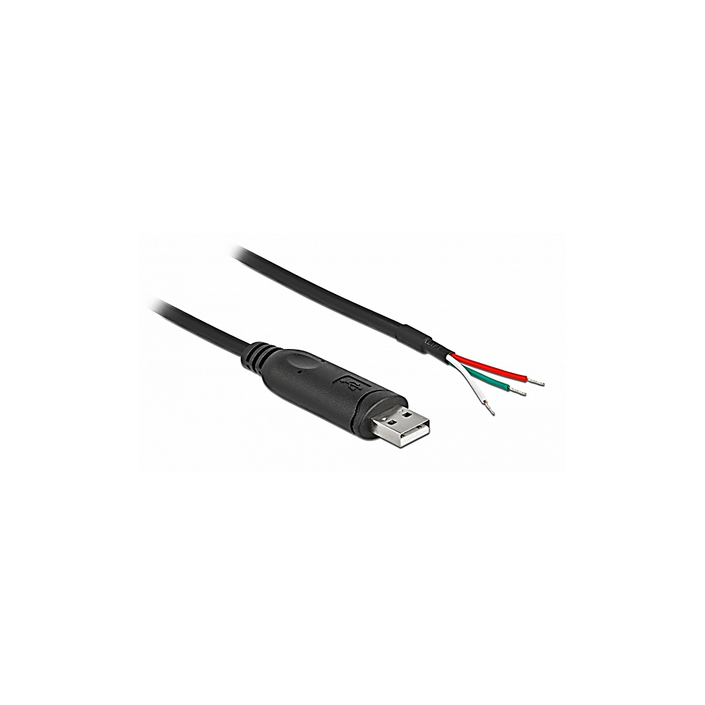 Un cavo USB nero con connettore USB e fili scoperti (rosso, bianco, verde) su sfondo bianco.