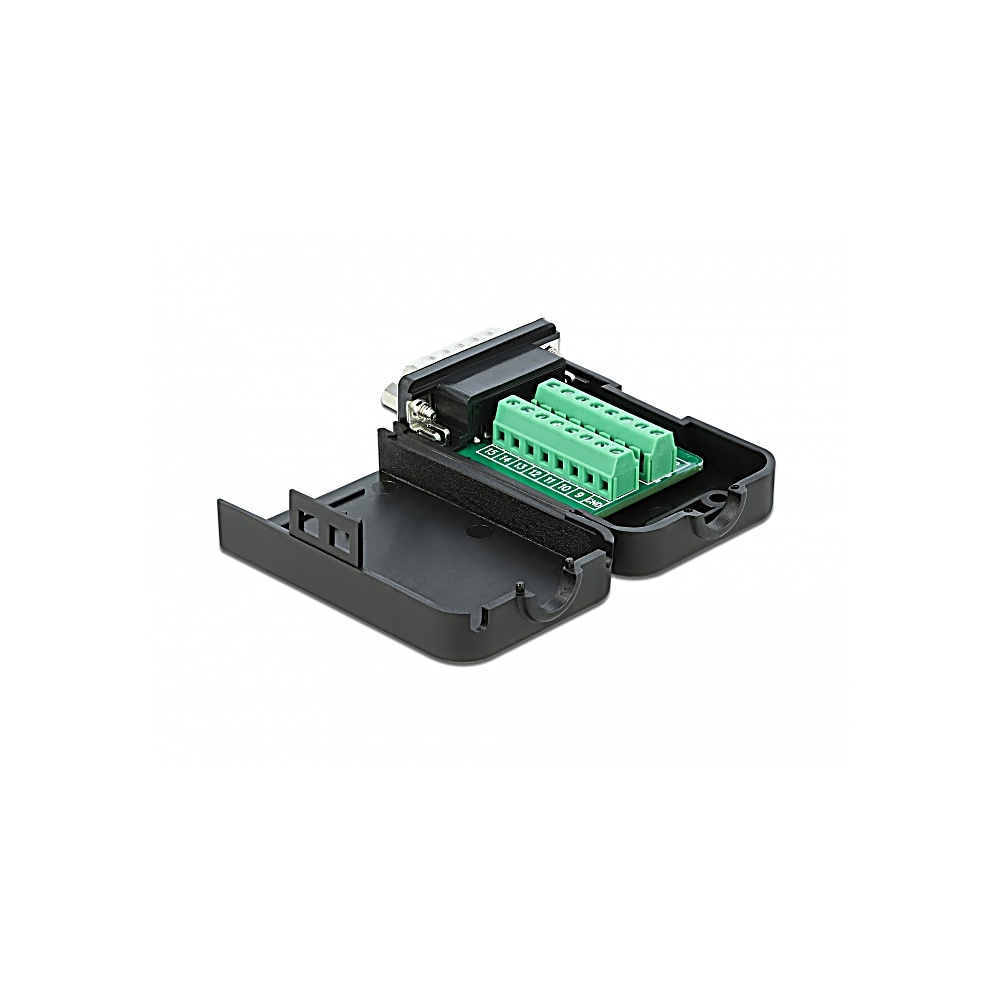 Una caja de conector de plástico negro abierta con una placa de circuito verde en el interior. La placa tiene varios terminales verdes y un conector plateado.