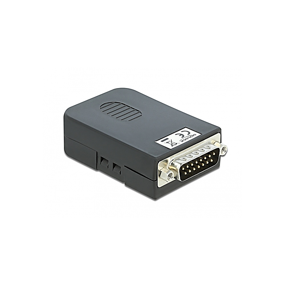 Un dispositivo rectangular negro con un conector plateado, dos ranuras pequeñas y una etiqueta. Aislado sobre un fondo blanco.