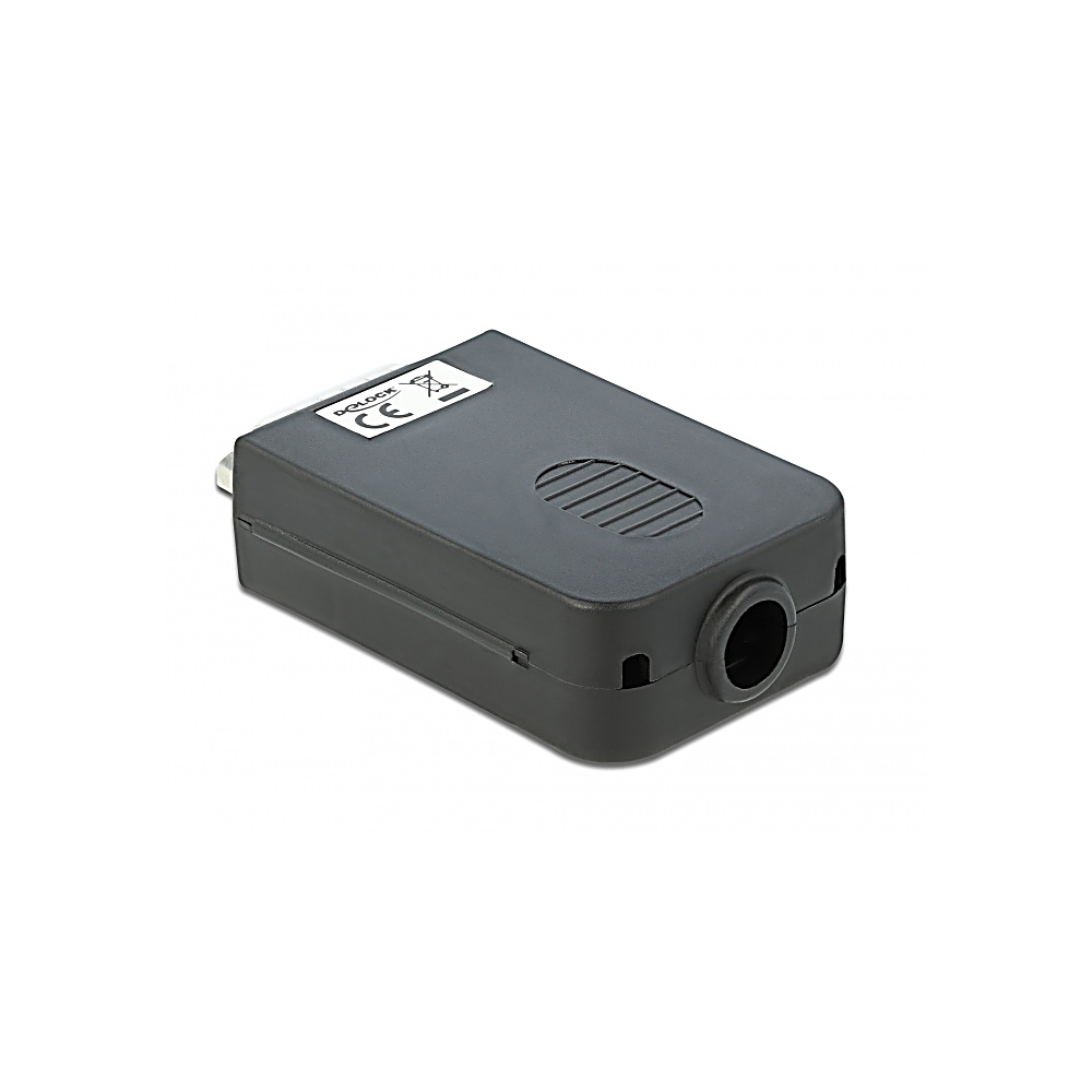 Un dispositivo electrónico negro y rectangular con una abertura circular a la derecha. La parte superior tiene una etiqueta y una pequeña rejilla similar a un altavoz.