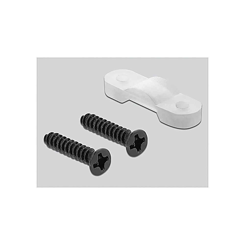 Dos tornillos negros y un clip de plástico blanco sobre un fondo gris. El clip está en la parte superior derecha.