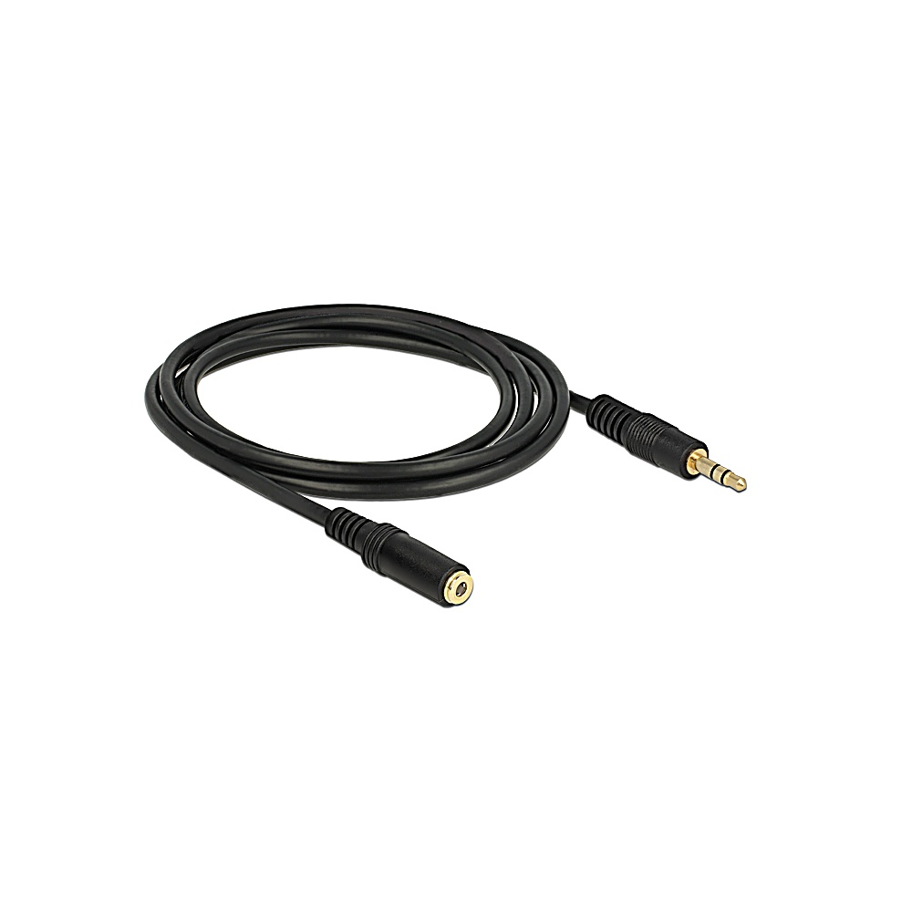 Un cavo audio nero con jack maschio e femmina da 3,5 mm. Il cavo è arrotolato su uno sfondo bianco.