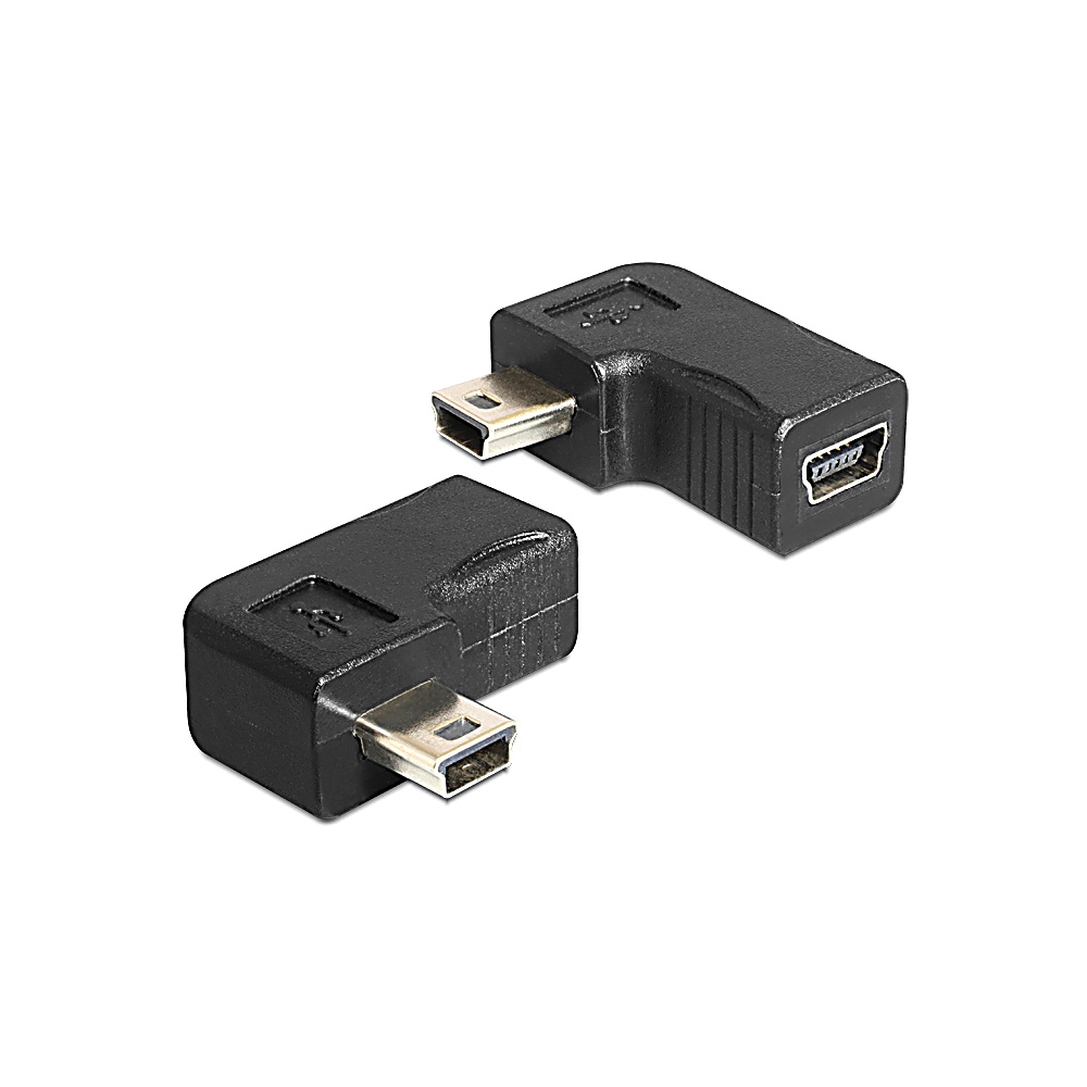 Due adattatori USB neri. Uno ha una porta USB-A, l'altro mini USB-B. Entrambi sono angolati. Sfondo bianco.