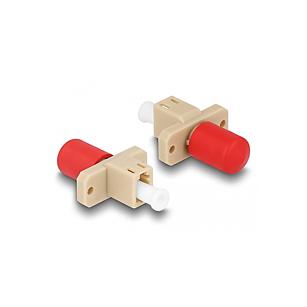 Due connettori in fibra ottica beige e rossi su sfondo bianco. Ognuno ha un cappuccio rosso e parti bianche e beige.