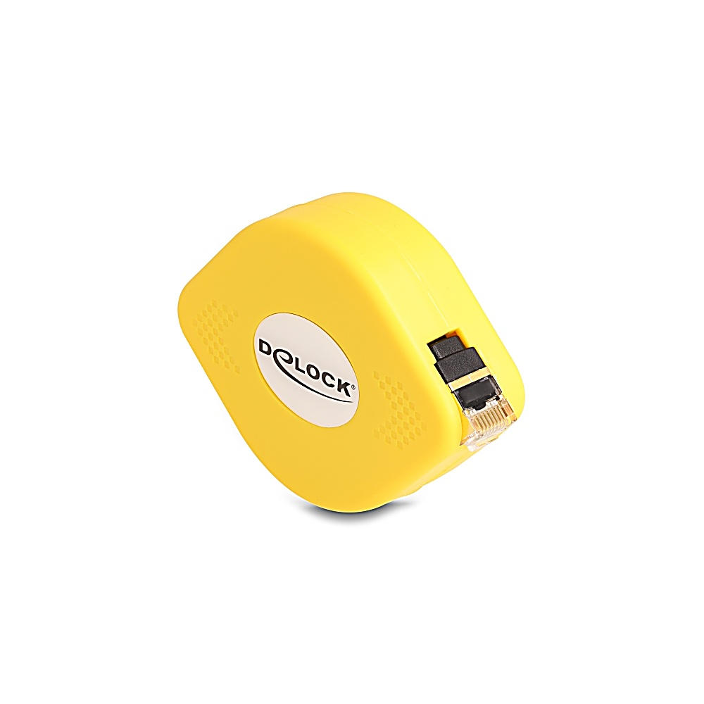 Un avvolgicavo D-Link giallo. Un ovale bianco con il logo dell'azienda è sulla parte anteriore. L'estremità del cavo e il connettore nero sono visibili.