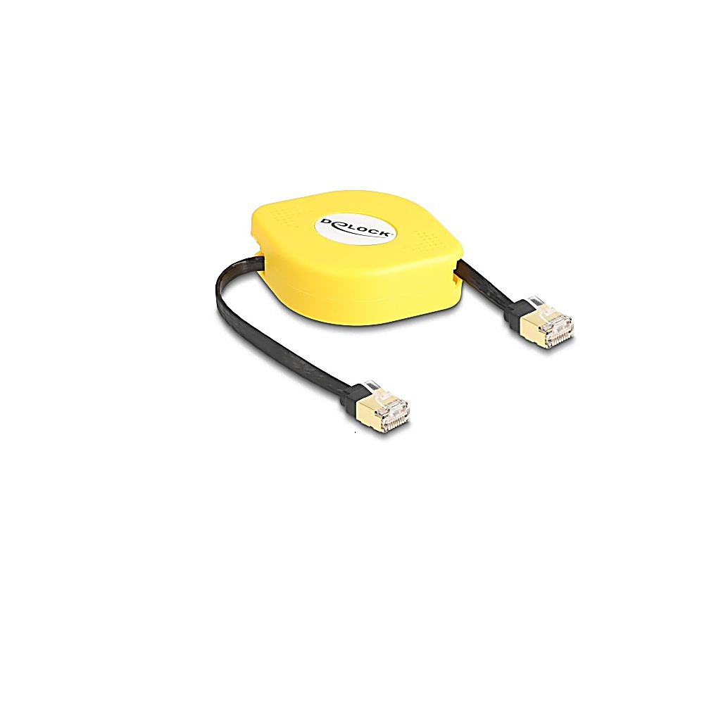 Un avvolgicavo giallo con due cavi neri che si estendono. Ogni cavo termina con un connettore trasparente.