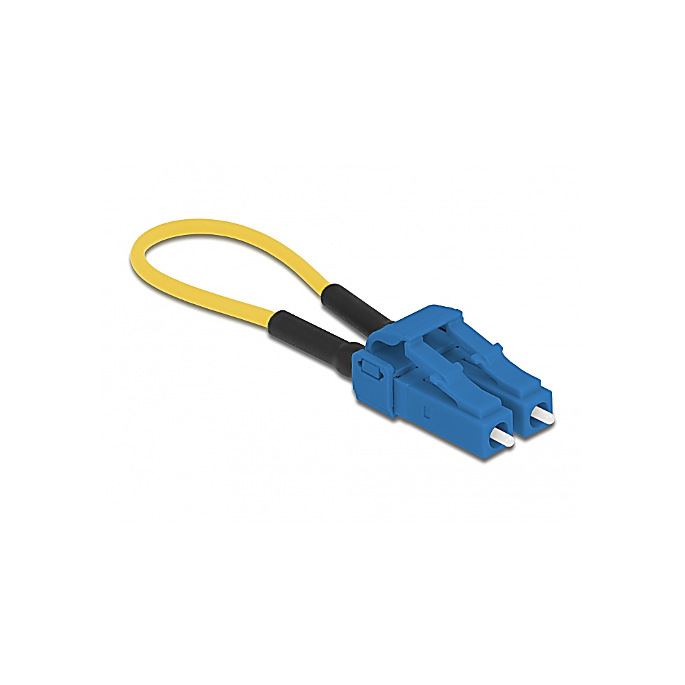 Un connettore blu con due pin bianchi, collegato a un anello di cavo giallo con connettori neri. Sfondo bianco.