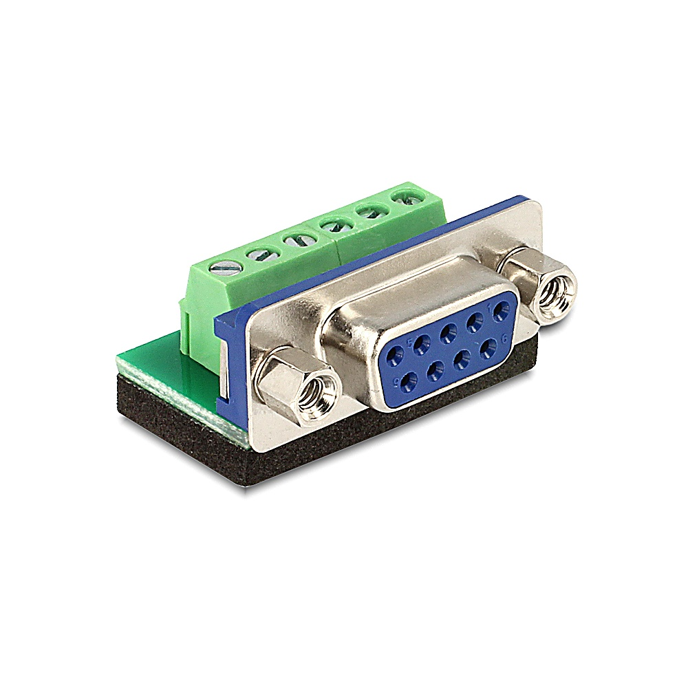 Un connettore di porta seriale con morsettiera verde, cornice blu e custodia argentata. I dadi esagonali lo fissano a una piccola base nera.