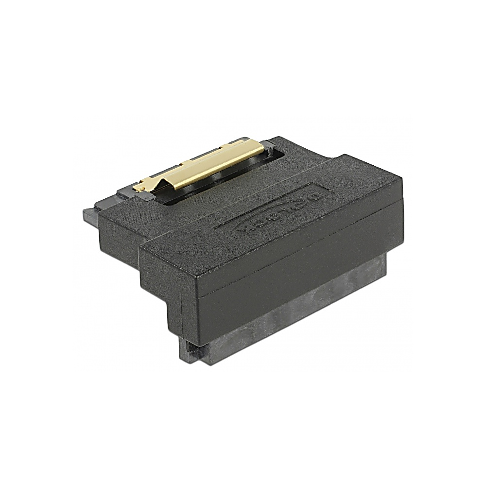 Dispositivo electrónico negro y gris con una pieza de metal dorada en la parte superior, sobre un fondo blanco.
