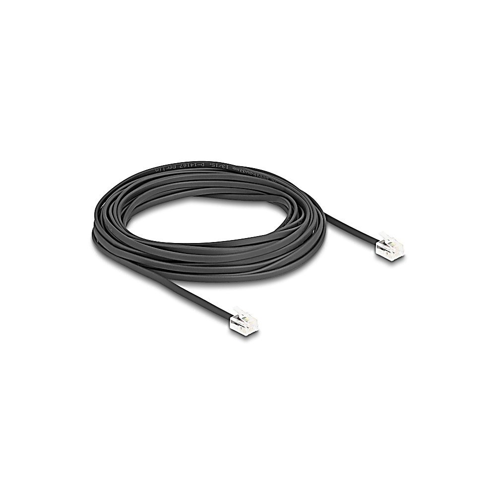 Un cavo telefonico grigio arrotolato con due connettori RJ11 trasparenti. Il cavo è su sfondo bianco.