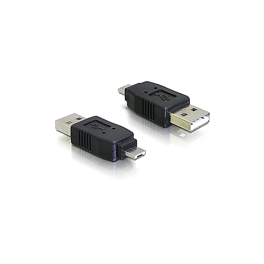 Due adattatori USB neri su una superficie bianca. Uno ha un connettore USB-A, l'altro micro-USB. Entrambi hanno un simbolo USB.
