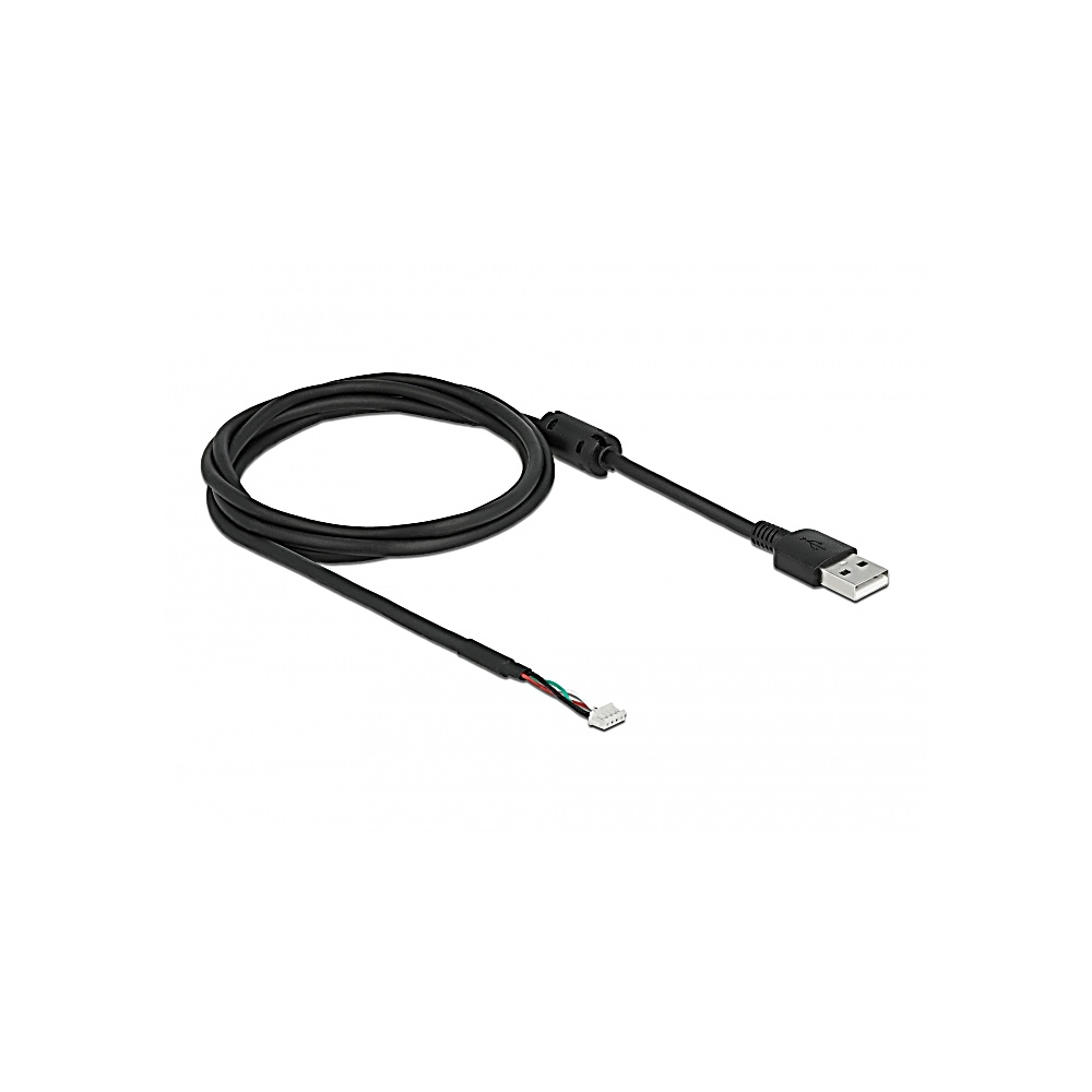 Cavo USB nero. Un'estremità ha un connettore USB, l'altra un connettore con fili colorati.