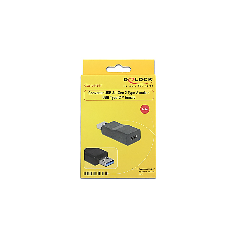 Una scatola gialla e bianca mostra un convertitore USB. Il convertitore è nero, con un connettore maschio USB-A e un connettore femmina USB-C.