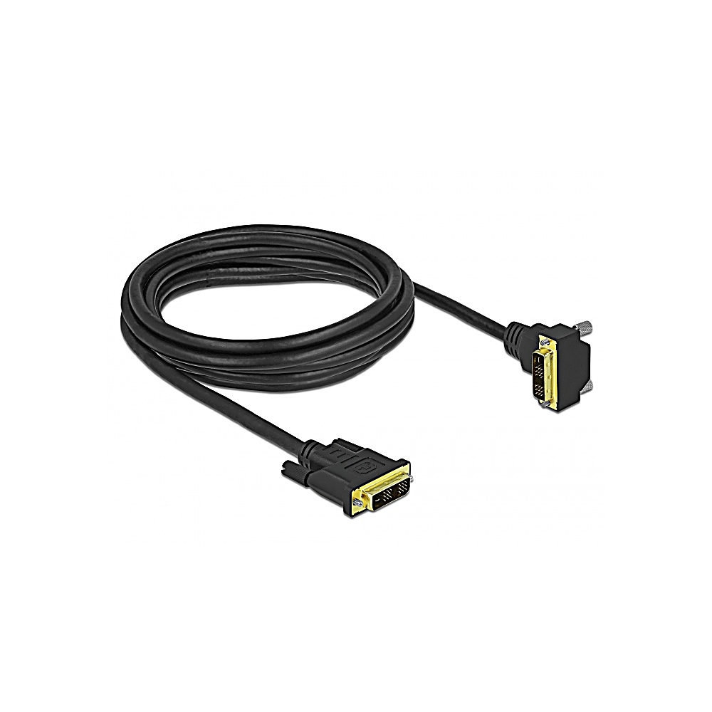 Un cavo DVI nero è arrotolato. Ha due connettori con pin dorati e un corpo nero. Lo sfondo è bianco.