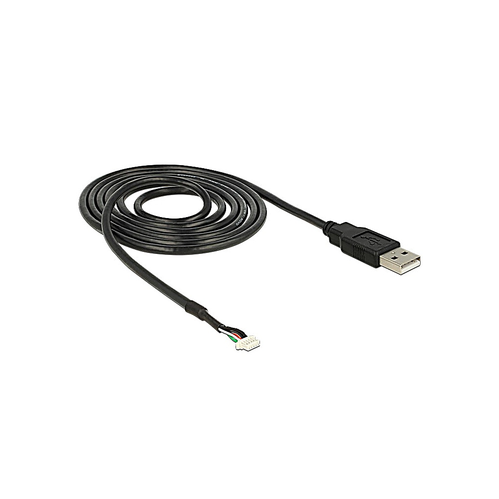 Cavo USB nero arrotolato, con connettore USB-A da un lato e un piccolo connettore con fili dall'altro, sfondo bianco.
