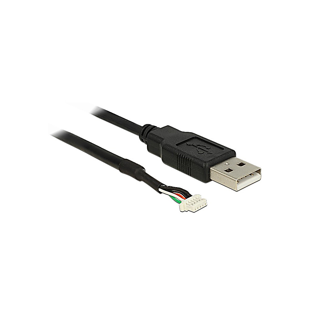 Un cavo USB nero con un connettore USB A e un connettore multipin. Fili di vari colori sono esposti all'estremità.