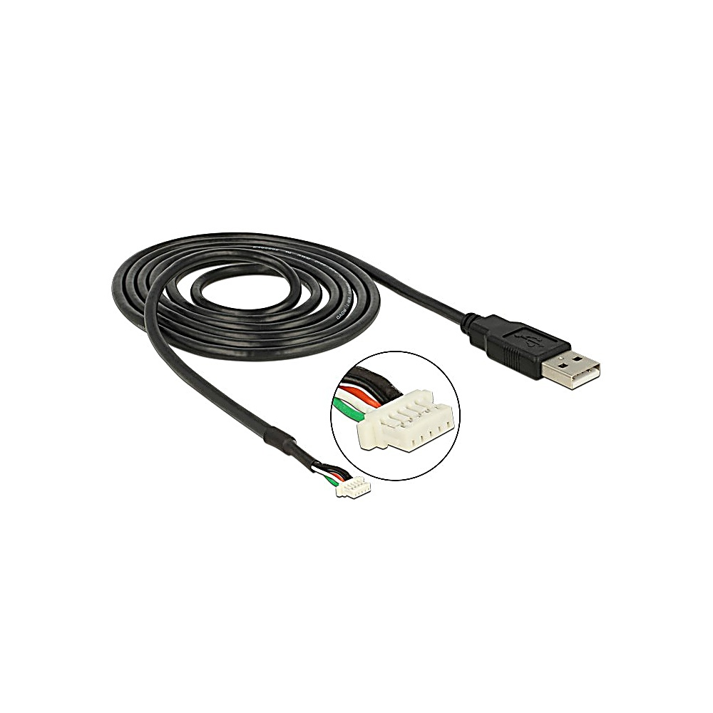 Cavo USB nero con connettore, sezione avvolta e un piccolo connettore separato. Fili visibili.