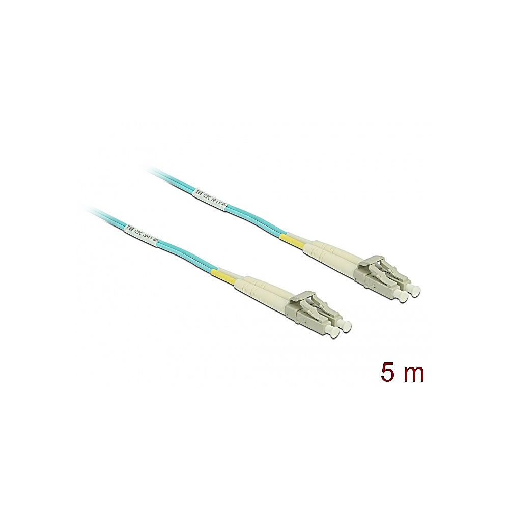 Due cavi in fibra ottica con sezioni blu e gialle, connettori beige. Il testo '5 m' è nell'angolo in basso a destra.