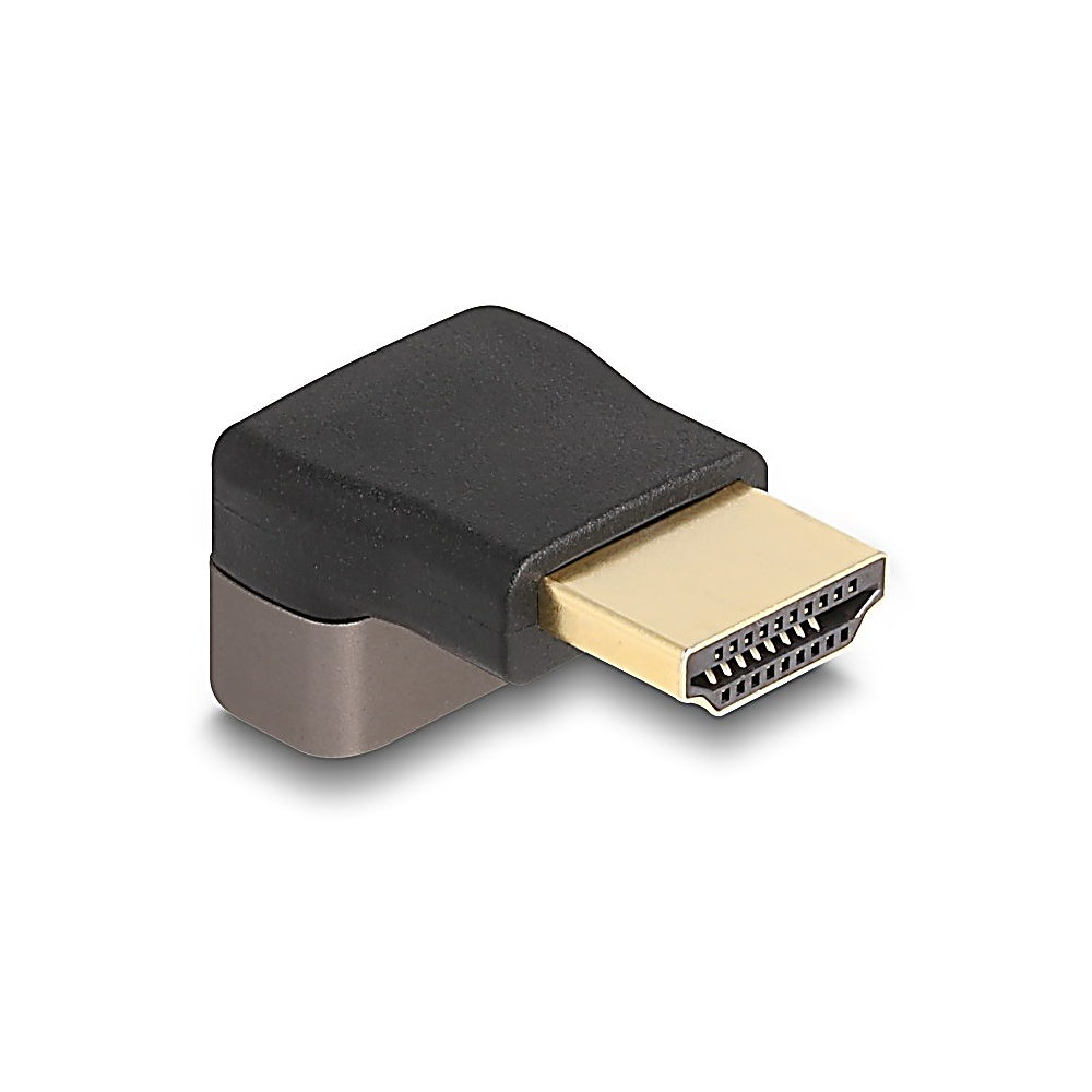 Un adattatore HDMI con un connettore nero angolato e una porta dorata. È su sfondo bianco. L'adattatore serve per collegare dispositivi.