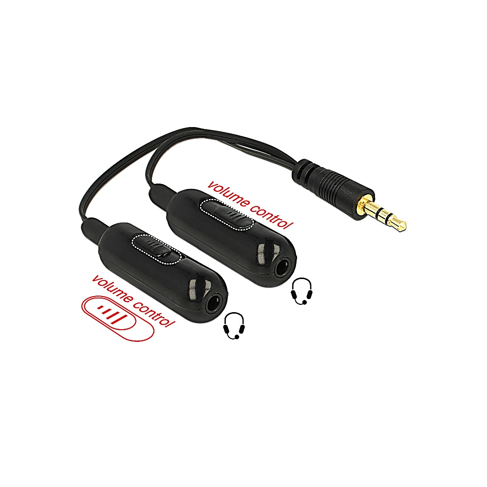 Sdoppiatore audio nero con controlli del volume e icone delle cuffie. Ha un jack da 3,5 mm. Sfondo bianco.